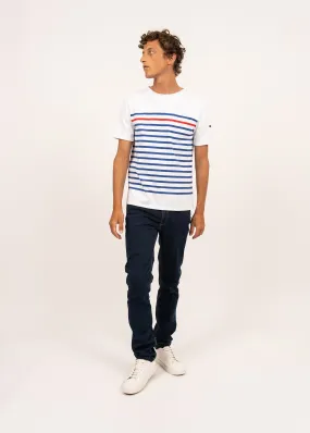 Naval short sleeve sailor shirt - placed stripe, in cotton (NEIGE/GITANE/TULIPE)