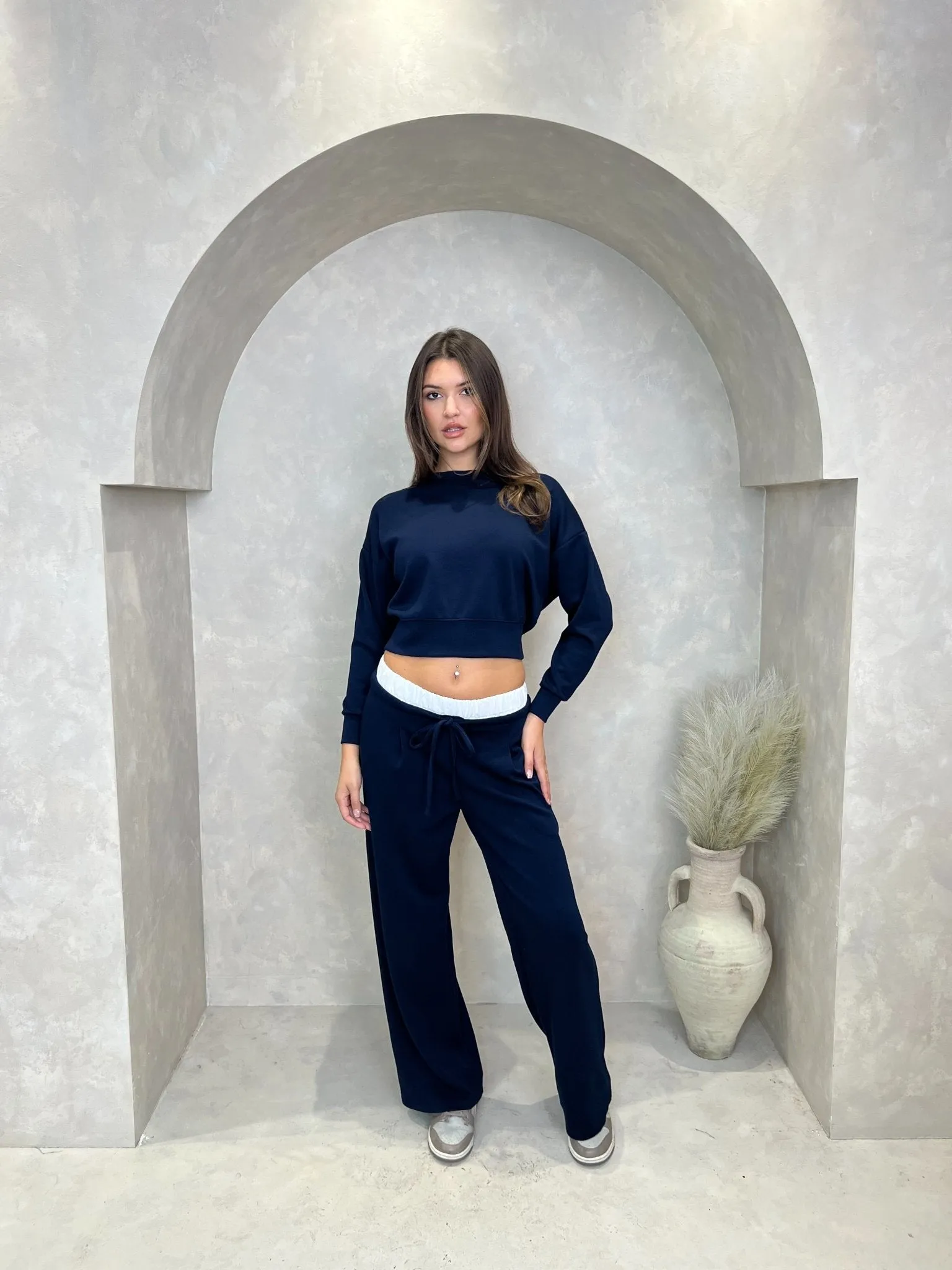 Navy Round Neck Cropped Sweatshirt