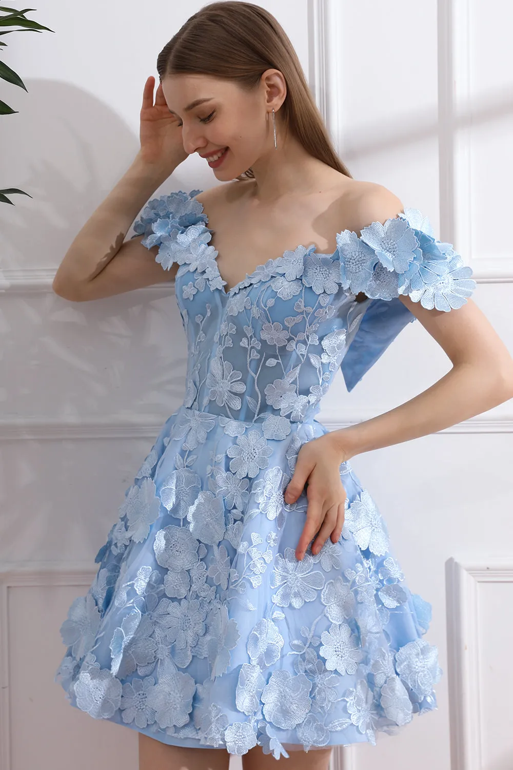 Off the Shoulder Floral Embroidery Sky Blue Mini Dress