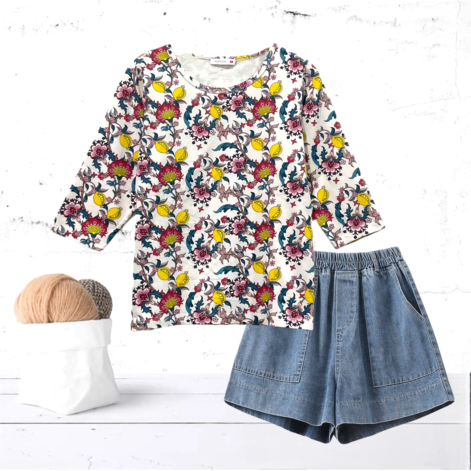 Patch Women Spandex 3/4 Sleeve Round Neck Floral Print T-Shirt