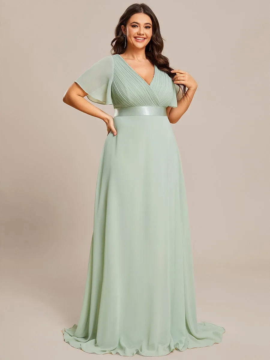 Plus Size Simple Empire Waist Flutter Sleeve Evening Dress