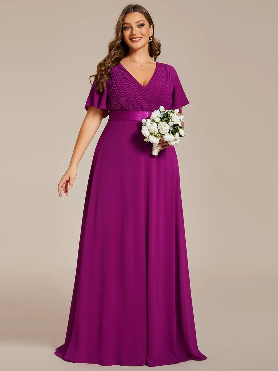 Plus Size Simple Empire Waist Flutter Sleeve Evening Dress