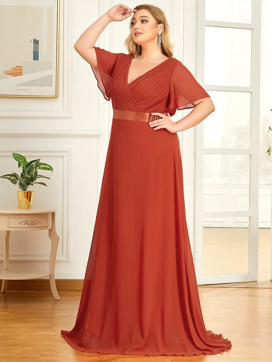 Plus Size Simple Empire Waist Flutter Sleeve Evening Dress