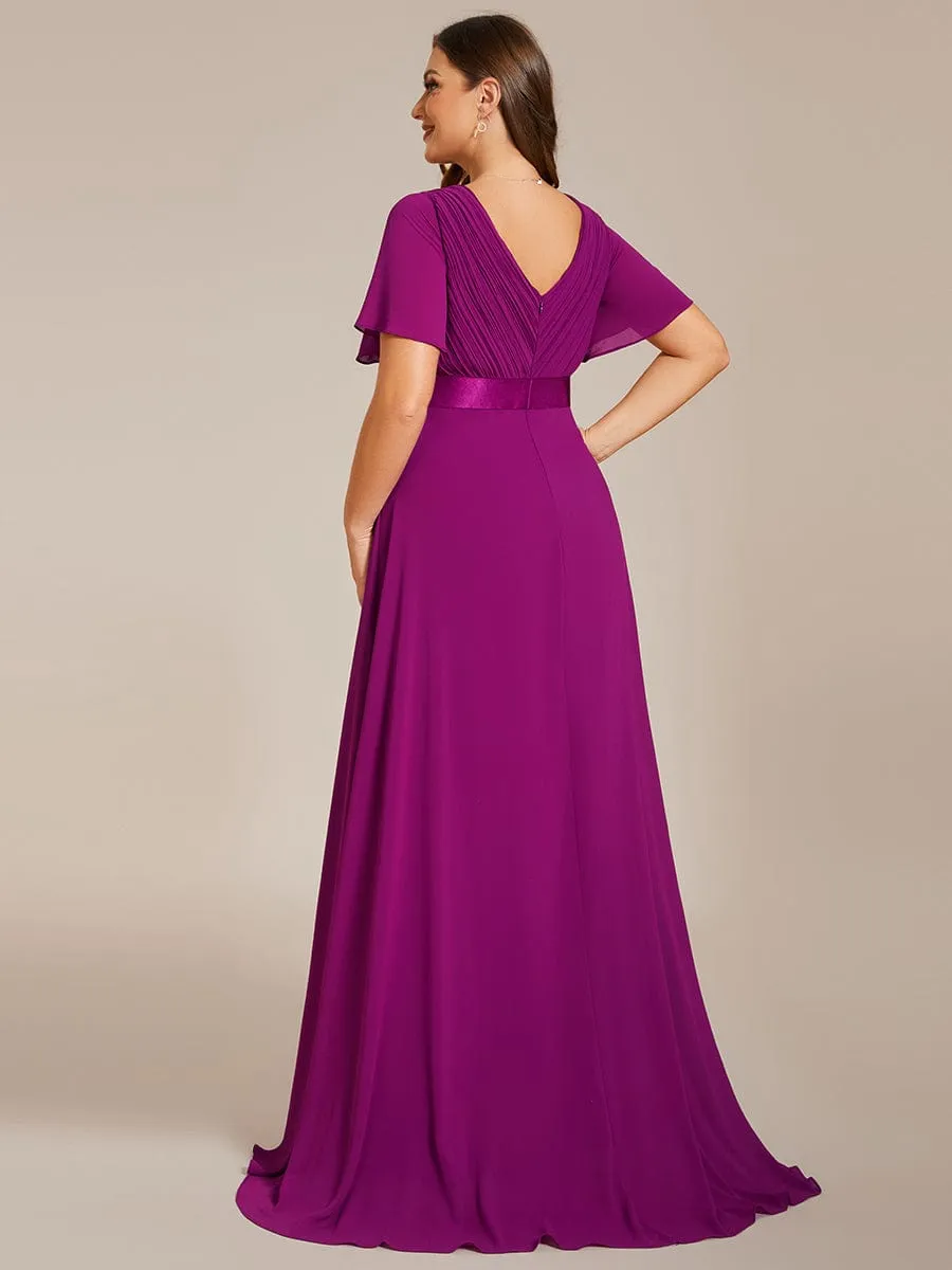 Plus Size Simple Empire Waist Flutter Sleeve Evening Dress