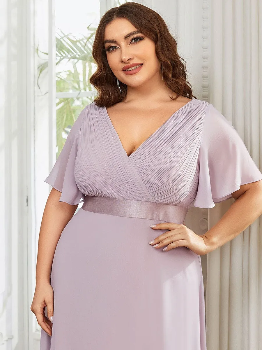 Plus Size Simple Empire Waist Flutter Sleeve Evening Dress