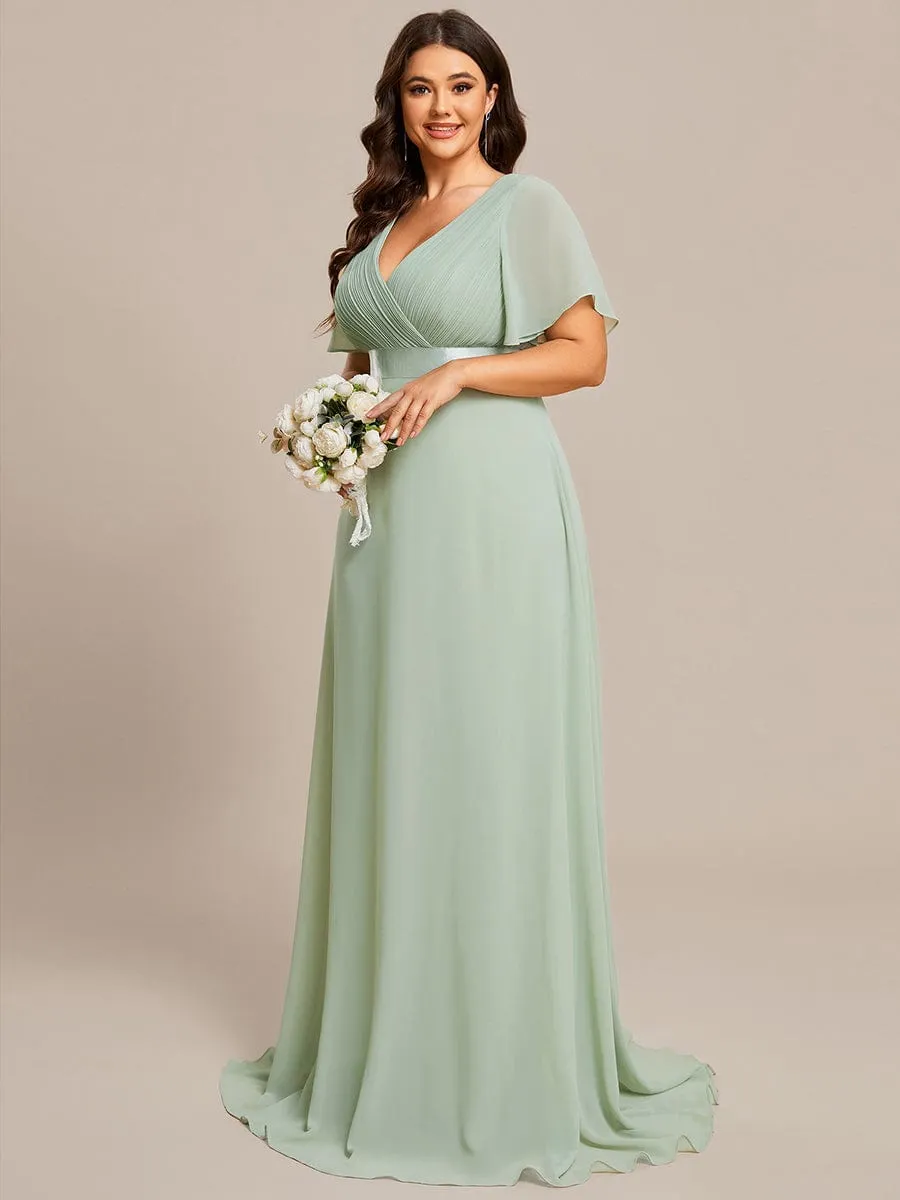 Plus Size Simple Empire Waist Flutter Sleeve Evening Dress