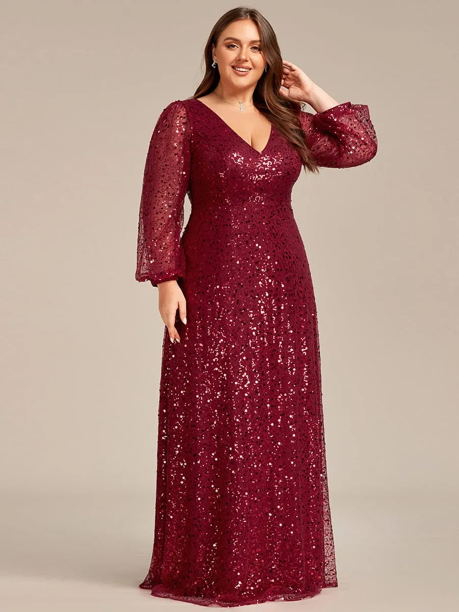 Plus Size V-Neck Lantern Long Sleeve Sequin A-Line Evening Dress