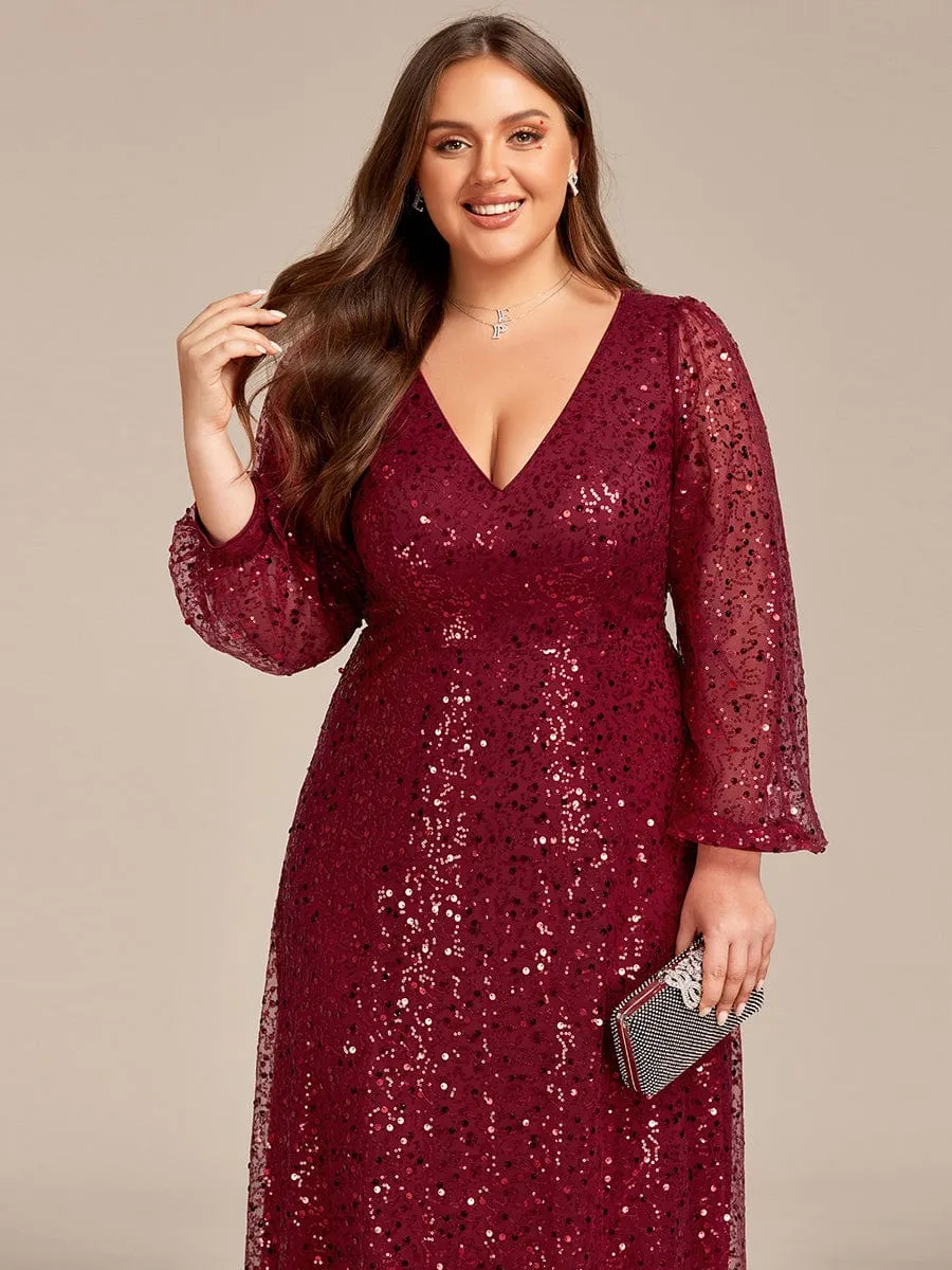 Plus Size V-Neck Lantern Long Sleeve Sequin A-Line Evening Dress