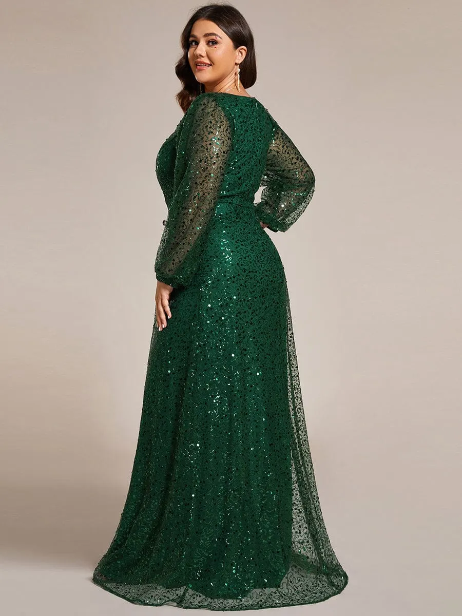 Plus Size V-Neck Lantern Long Sleeve Sequin A-Line Evening Dress