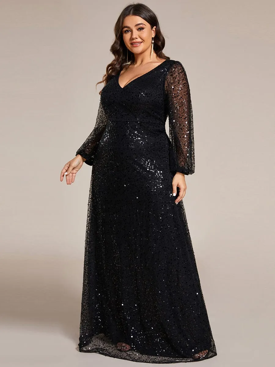 Plus Size V-Neck Lantern Long Sleeve Sequin A-Line Evening Dress