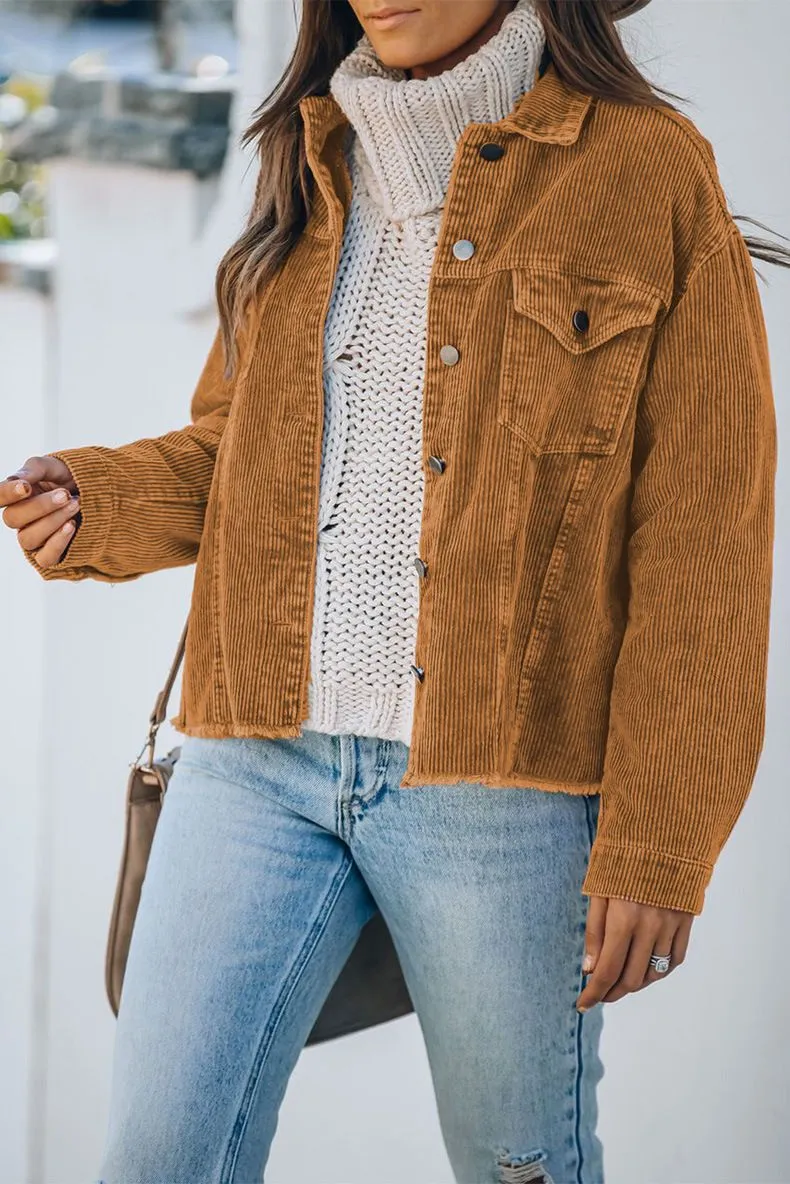 Ripped Hem Oversized Tan Corduroy Trucker Jacket  Winter Cord Coat Womens