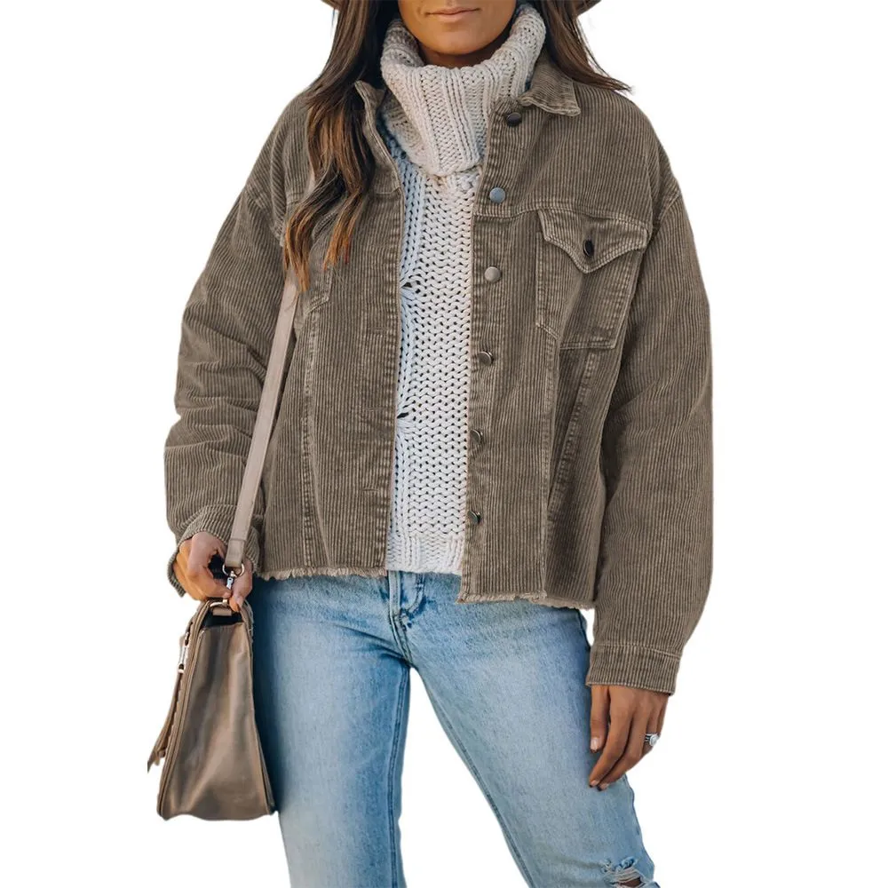 Ripped Hem Oversized Tan Corduroy Trucker Jacket  Winter Cord Coat Womens