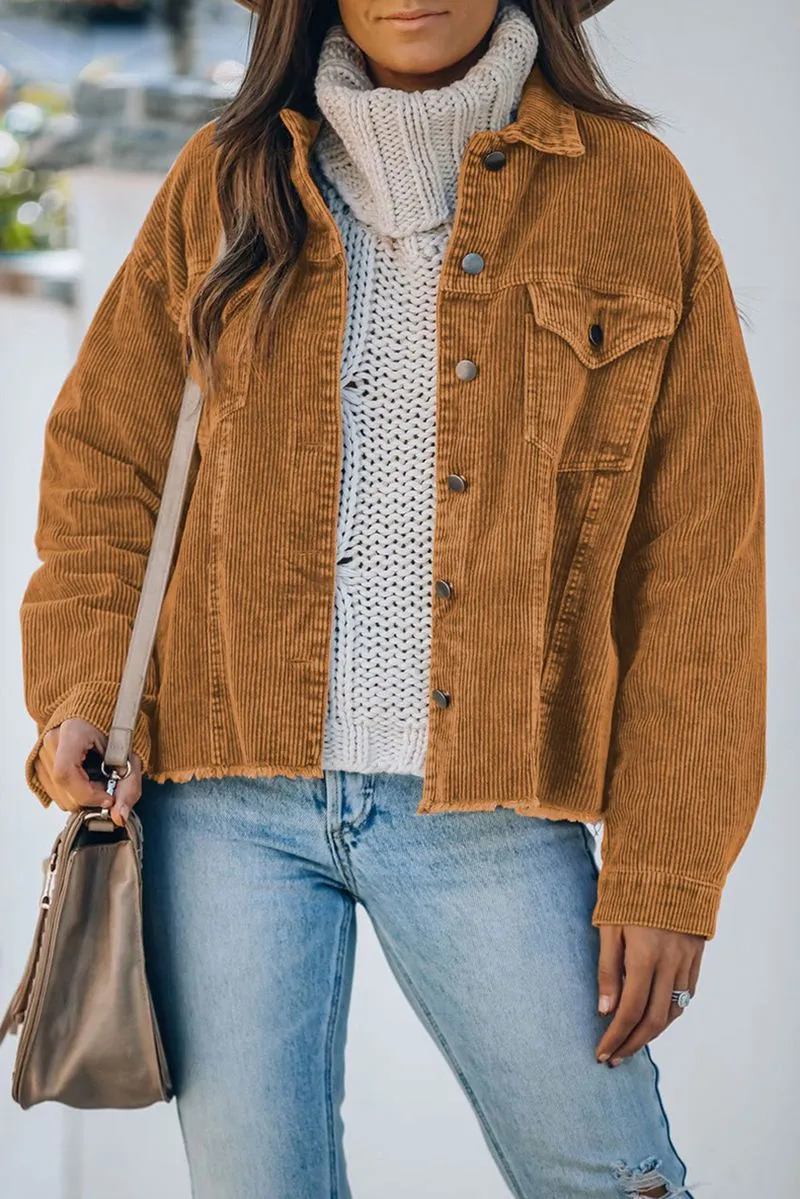 Ripped Hem Oversized Tan Corduroy Trucker Jacket  Winter Cord Coat Womens