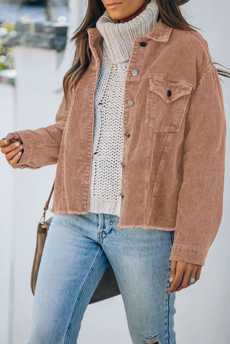 Ripped Hem Oversized Tan Corduroy Trucker Jacket  Winter Cord Coat Womens