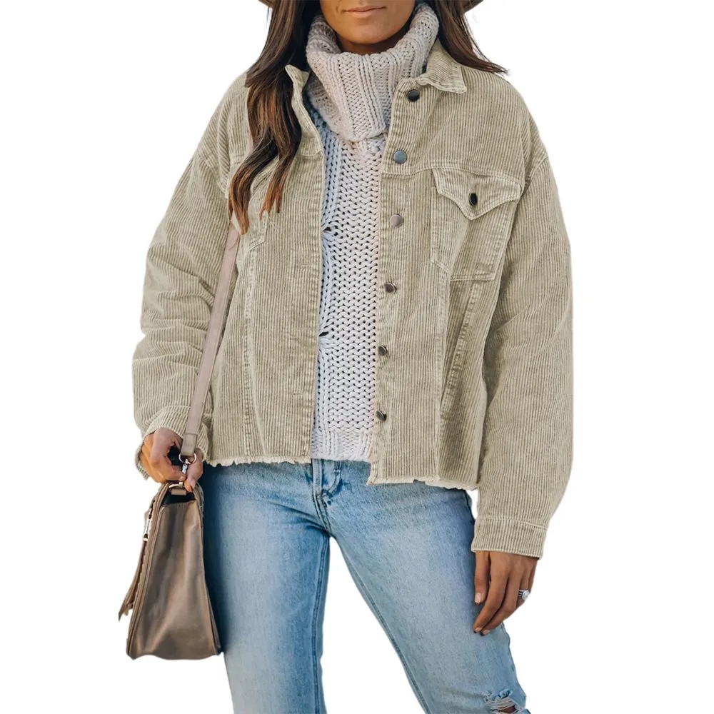 Ripped Hem Oversized Tan Corduroy Trucker Jacket  Winter Cord Coat Womens