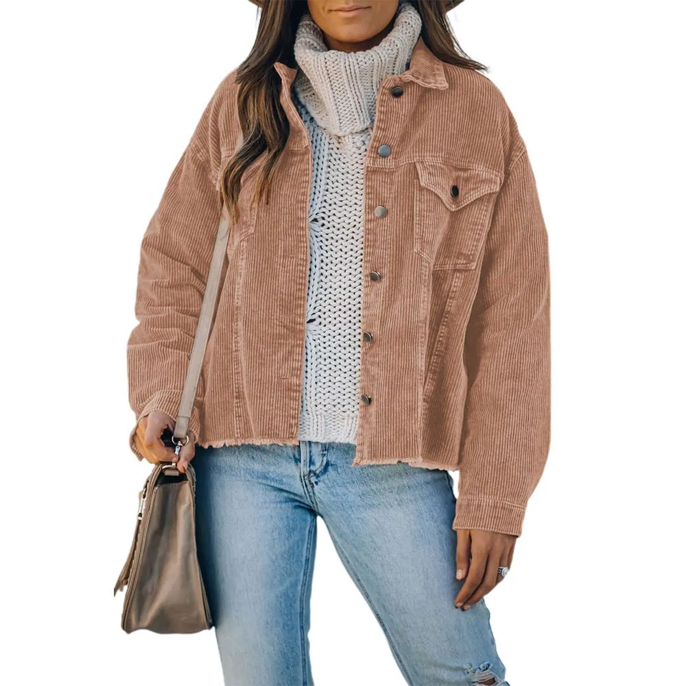 Ripped Hem Oversized Tan Corduroy Trucker Jacket  Winter Cord Coat Womens