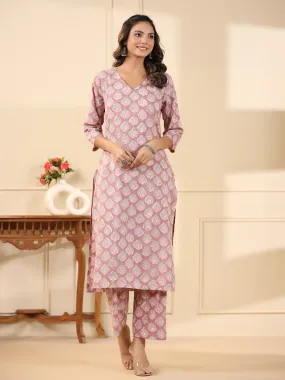 Sadabahaar Mauve Butti Handblock Printed Cotton Kurta Pant