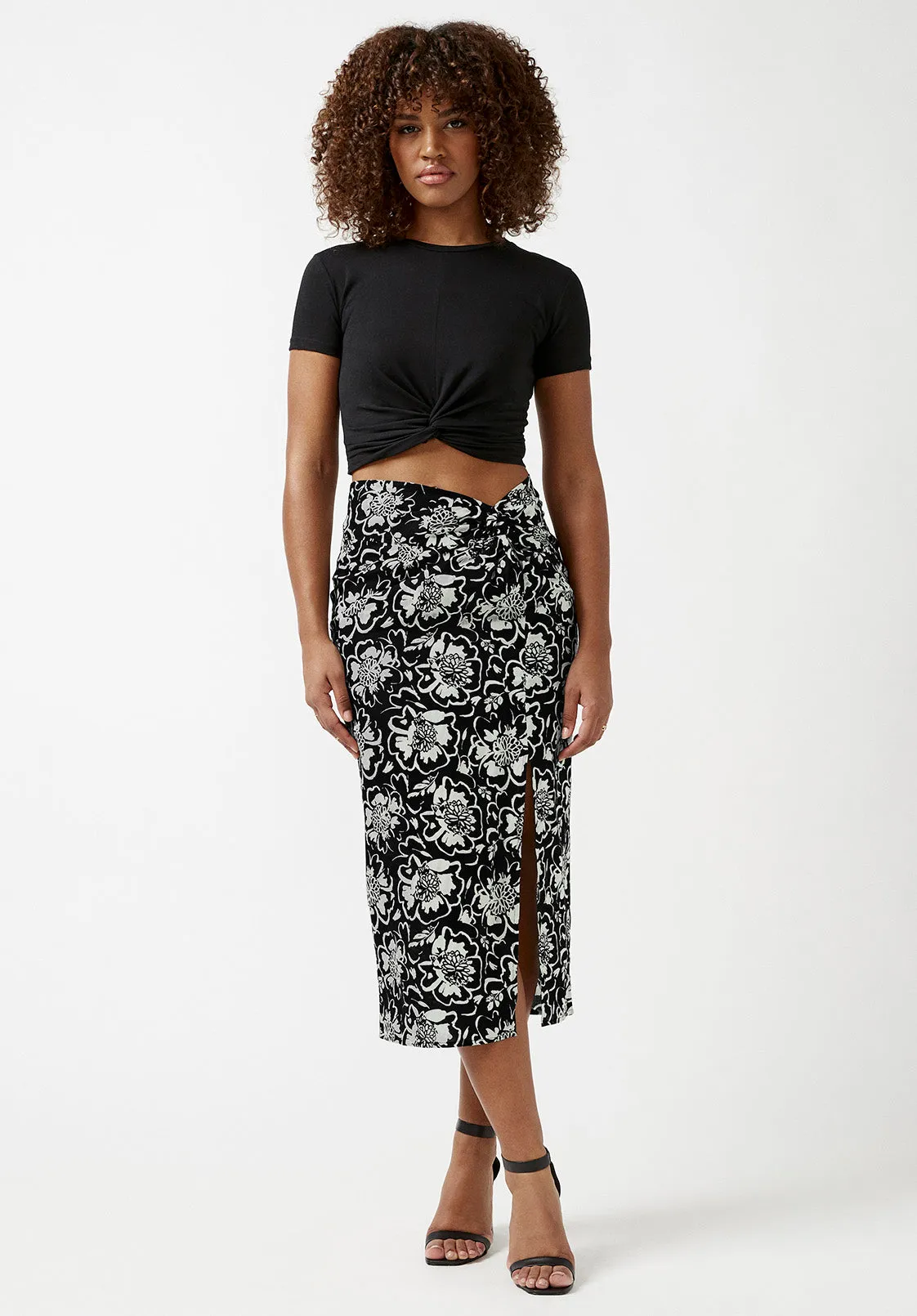 Salome Black and Cream Flower Print Twist-Front Skirt - WS0002S