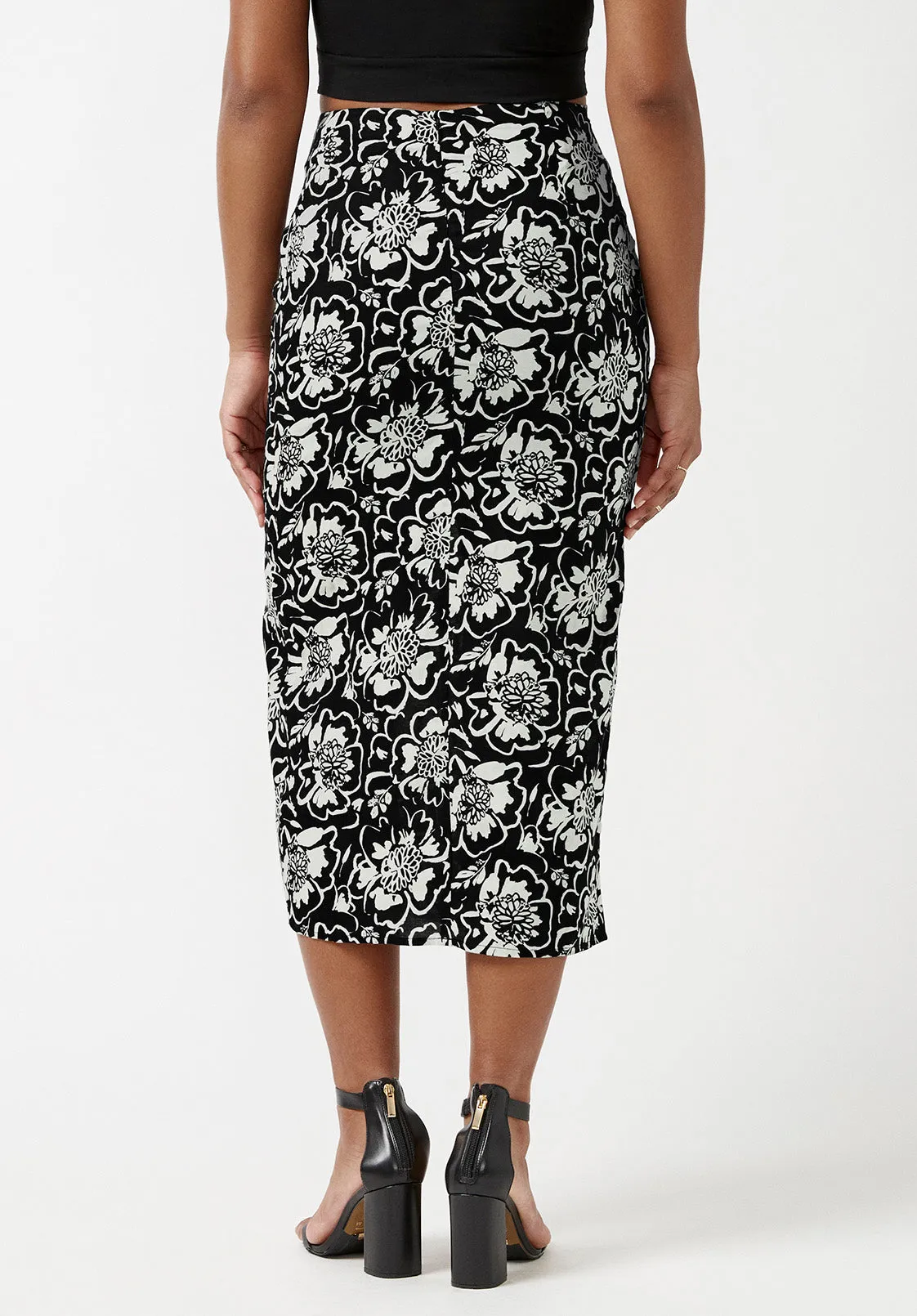 Salome Black and Cream Flower Print Twist-Front Skirt - WS0002S