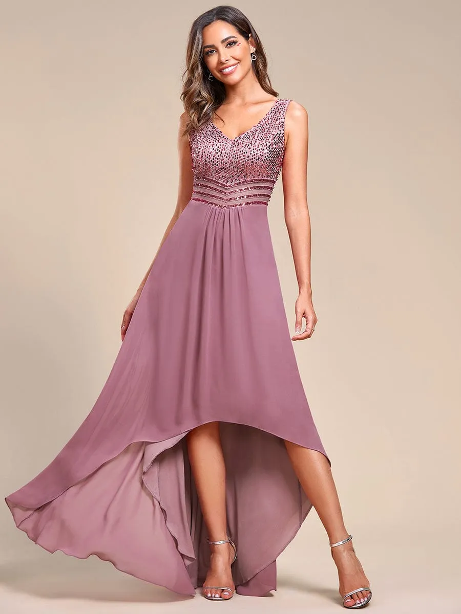 Sexy High-Low Maxi Chiffon Evening Dresses with Sequin