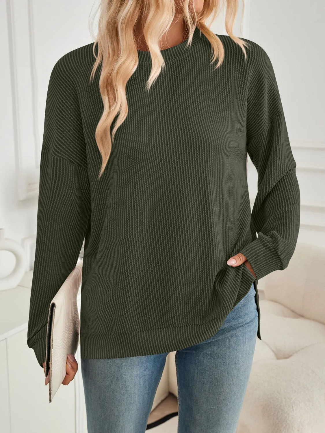 Slit Round Neck Long Sleeve Sweatshirt