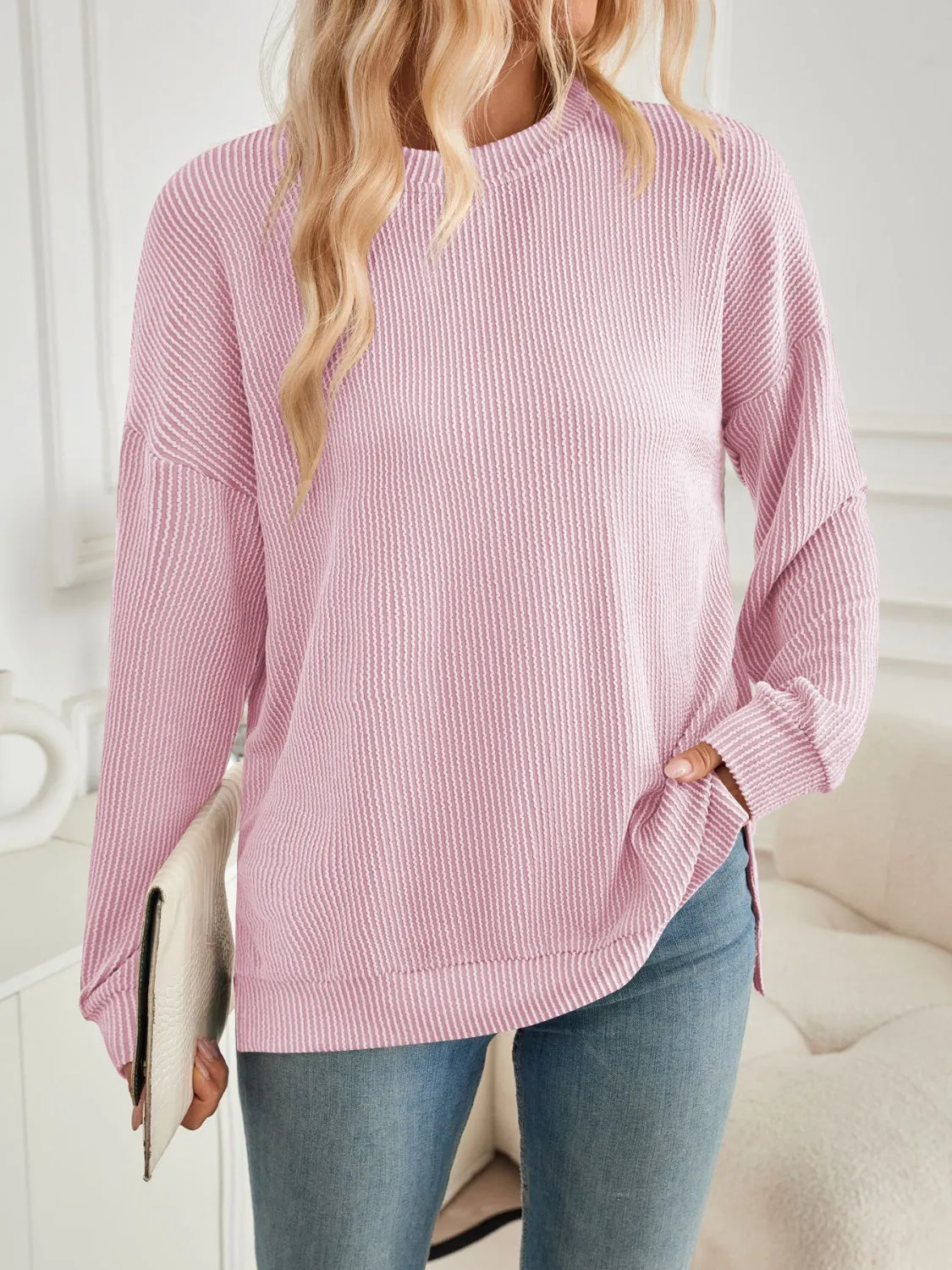 Slit Round Neck Long Sleeve Sweatshirt