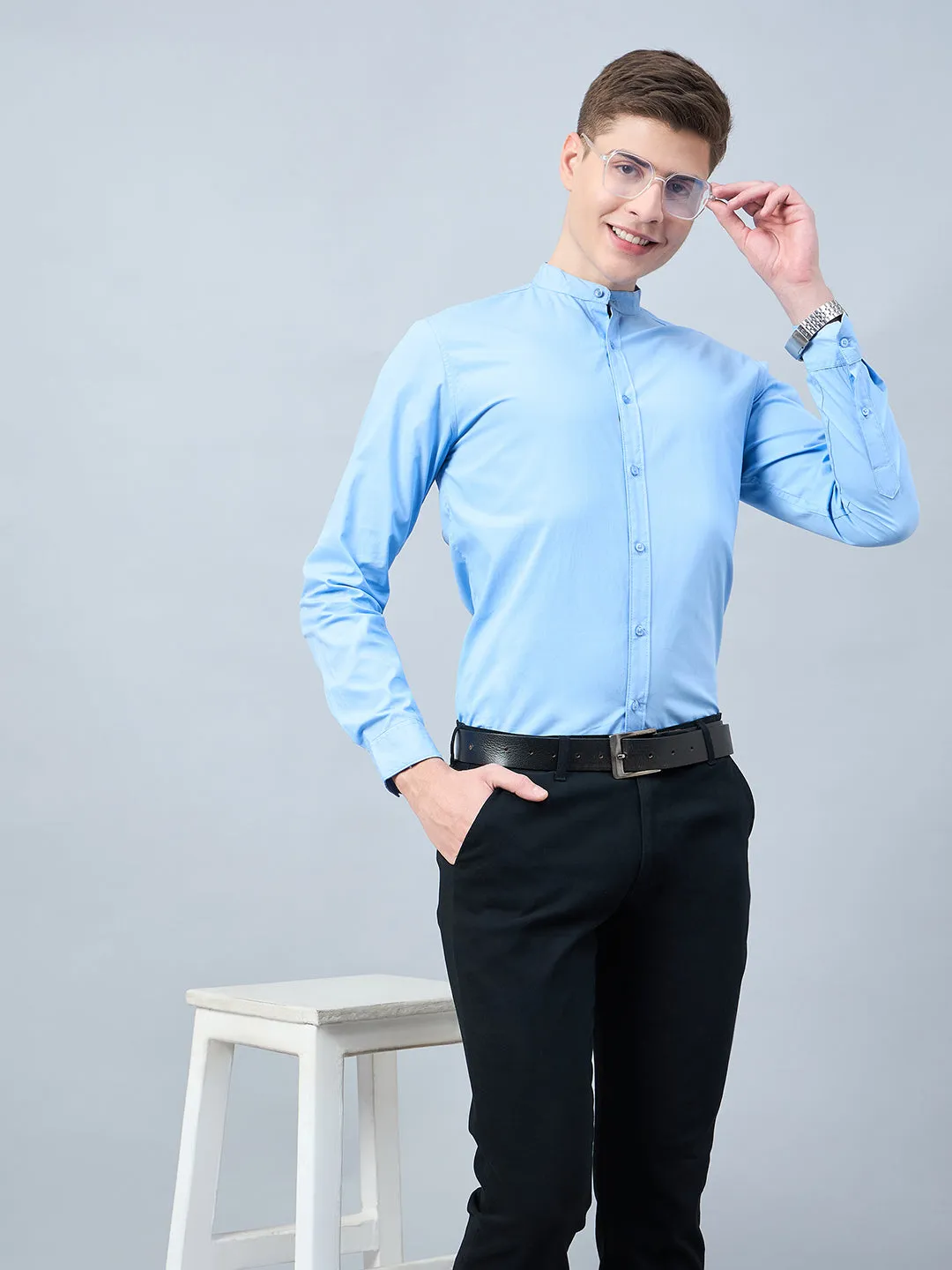 Style Quotient Men Sky Blue Cotton Solid Formal Shirt