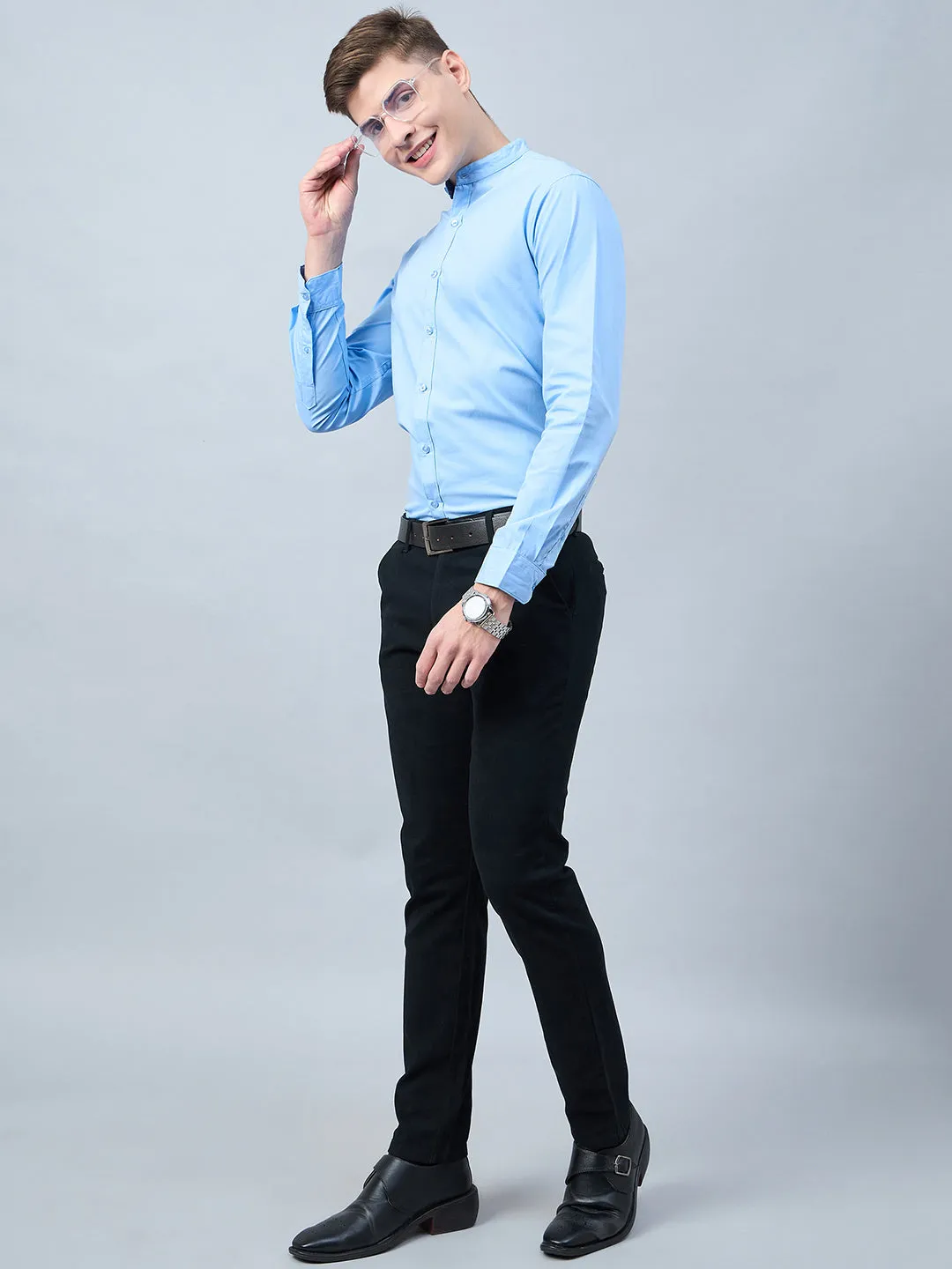 Style Quotient Men Sky Blue Cotton Solid Formal Shirt