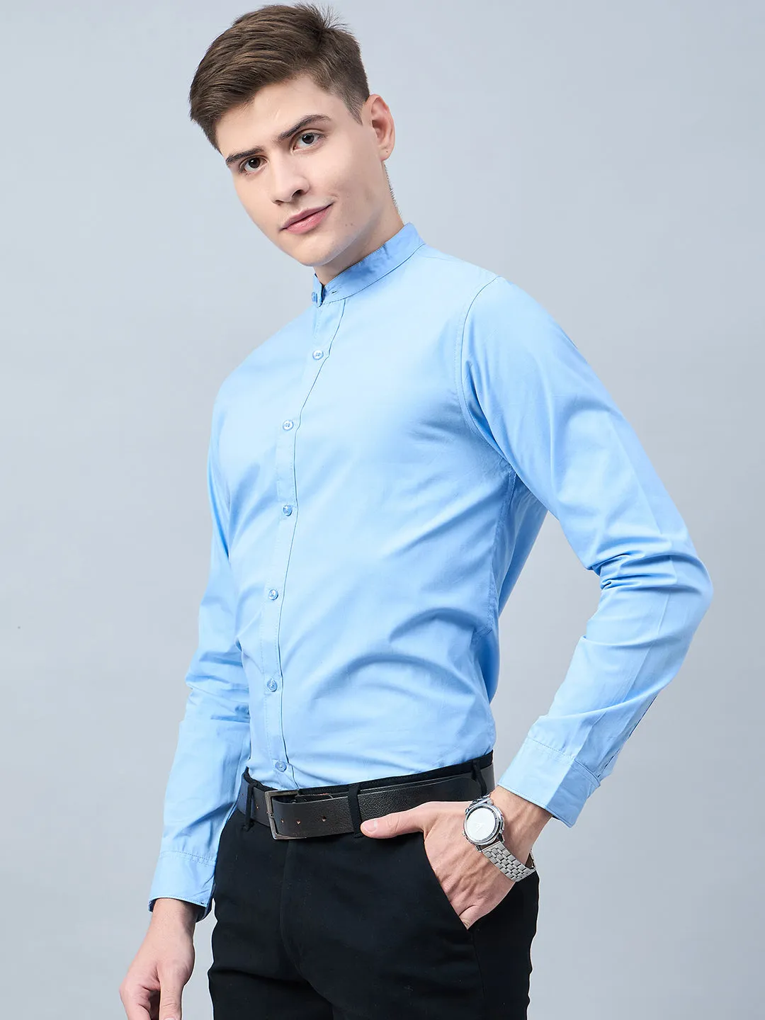 Style Quotient Men Sky Blue Cotton Solid Formal Shirt