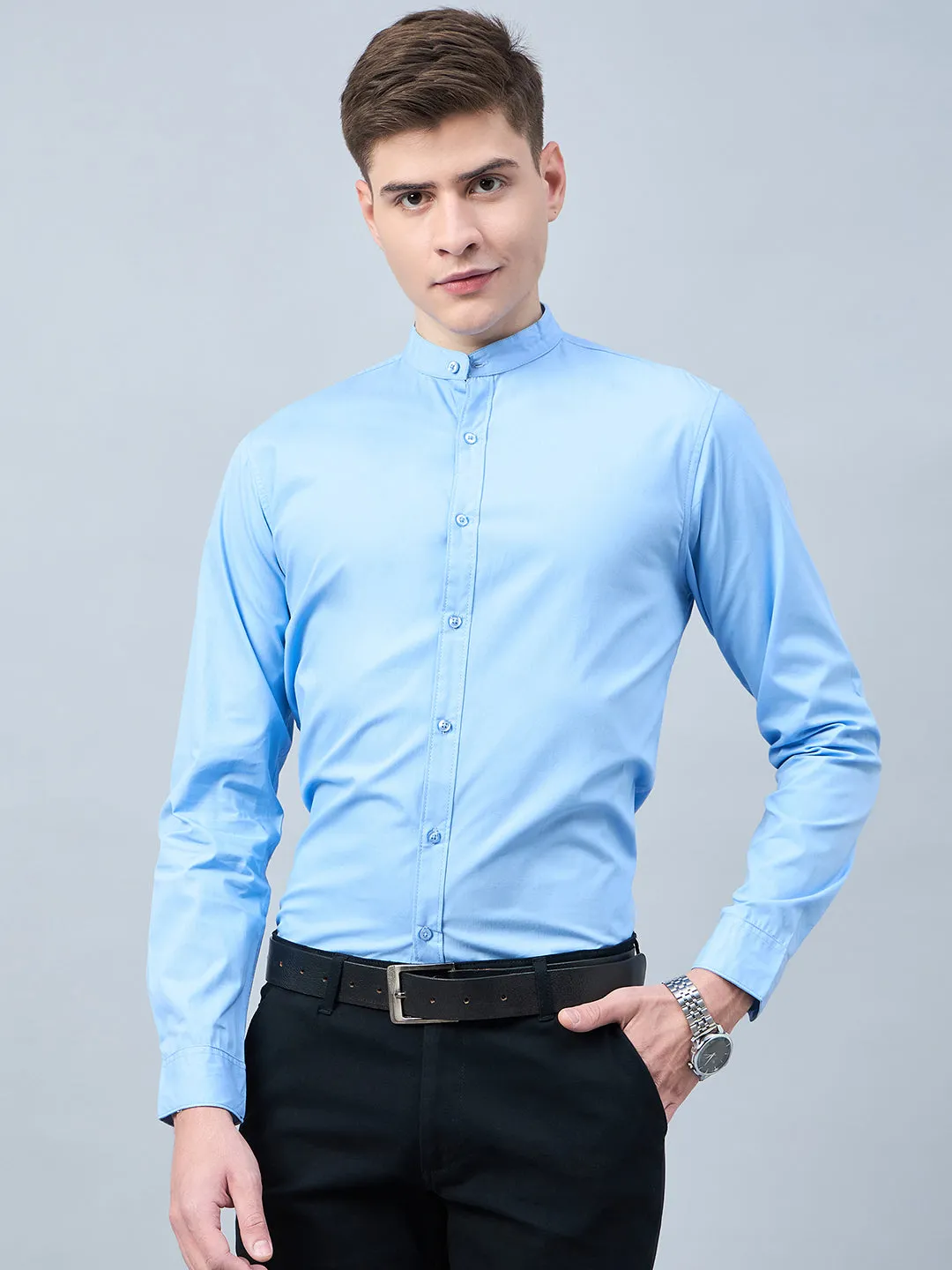 Style Quotient Men Sky Blue Cotton Solid Formal Shirt