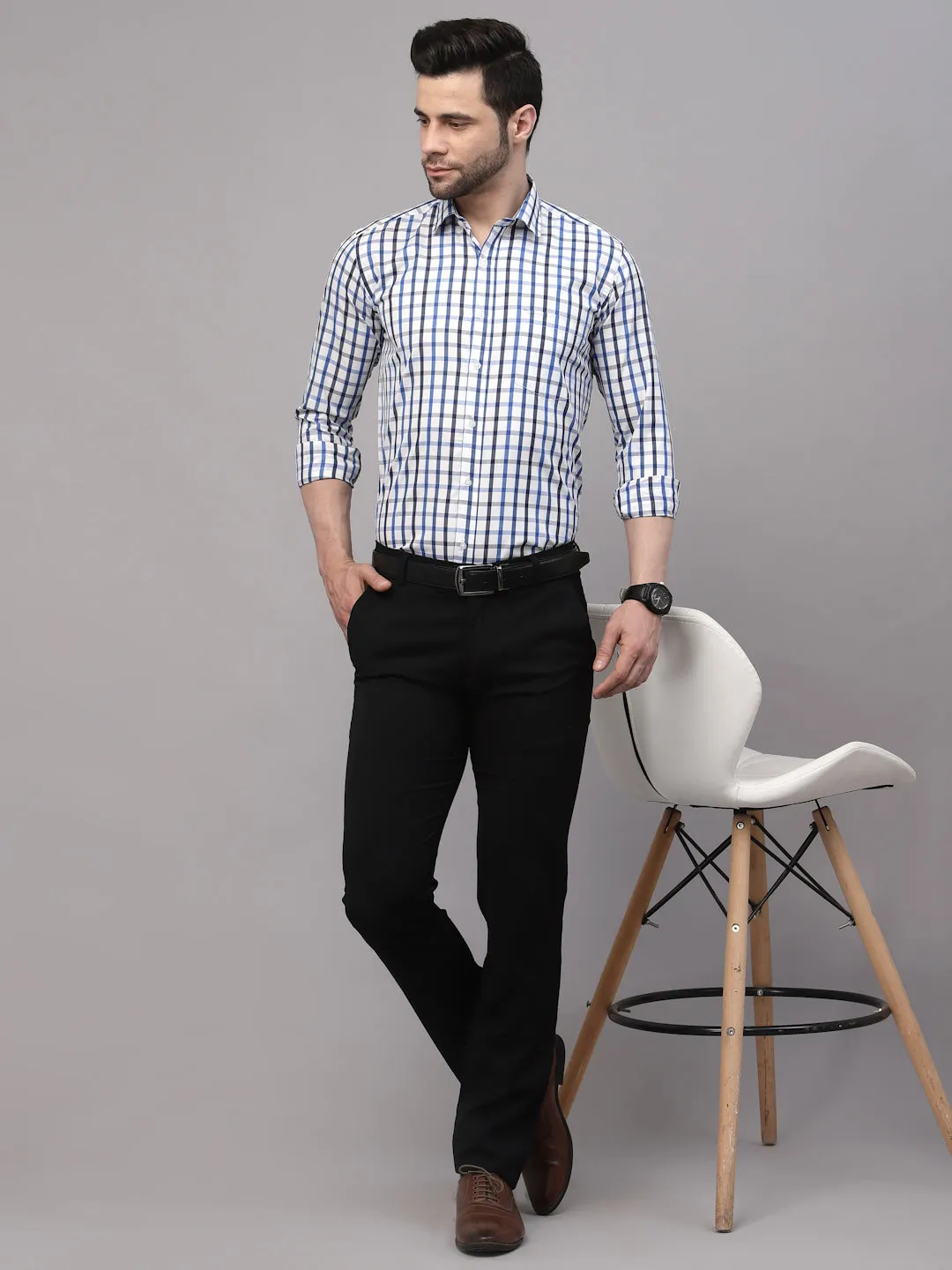 Style Quotient Men White And Royal Blue Checks Yarn Dyed PolyCotton Regular Formal Shirt