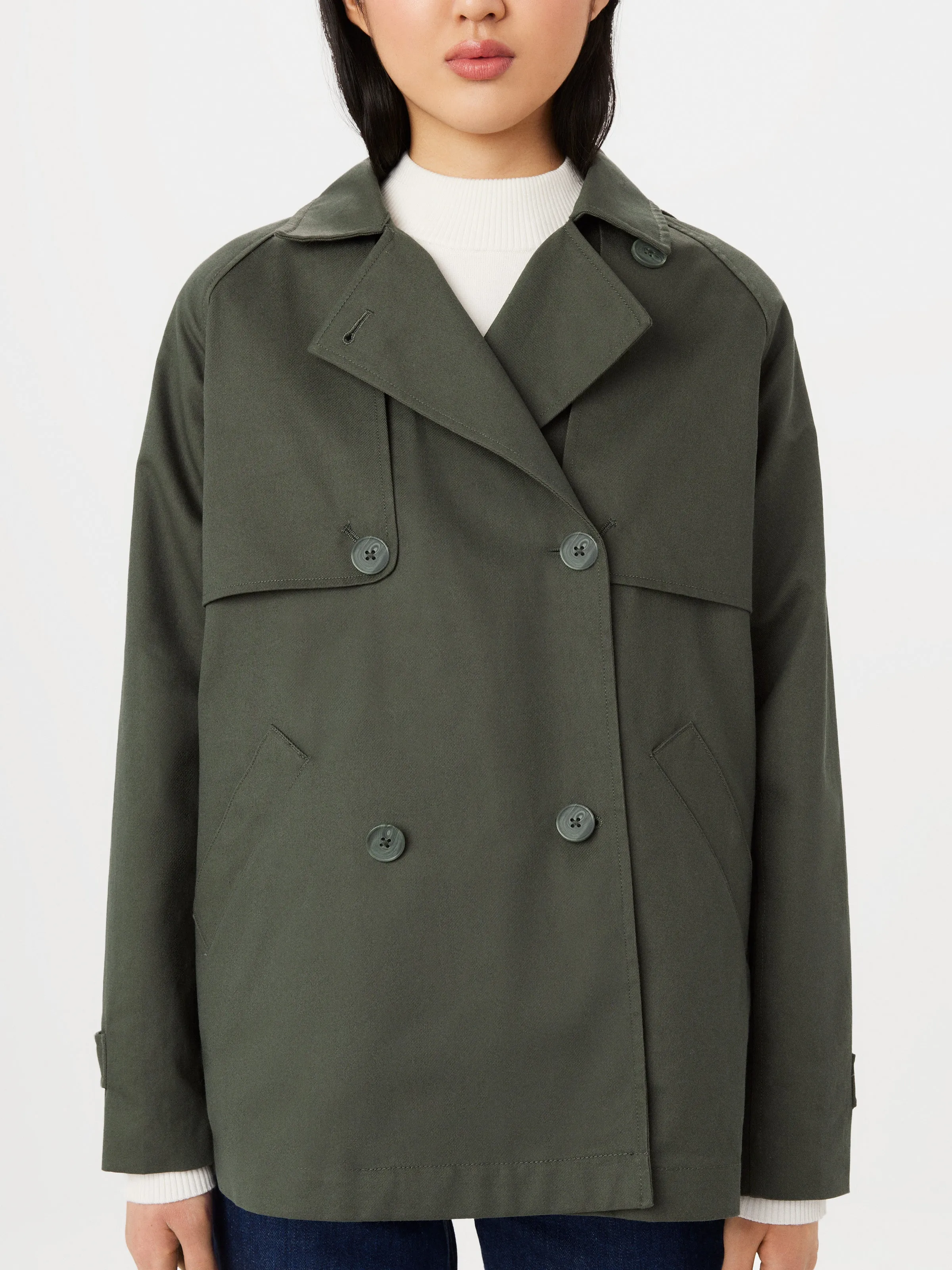 The Kapok Cropped Trench Coat in Boreal Green